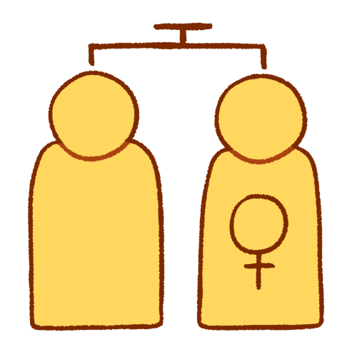  A drawing of two generic emoji yellow people standing next to each other. The person on the right has a large female symbol on their torso. Above them is a dark brown line with a line down to each of them, with another, shorter connected line above it, reminiscent of a family tree.